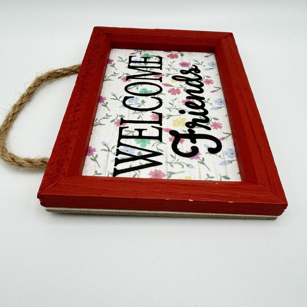 Rustic Welcome Friends Wooden Sign Floral Wall Decor Red Frame‎ Rope Hanging - Picture 5 of 10